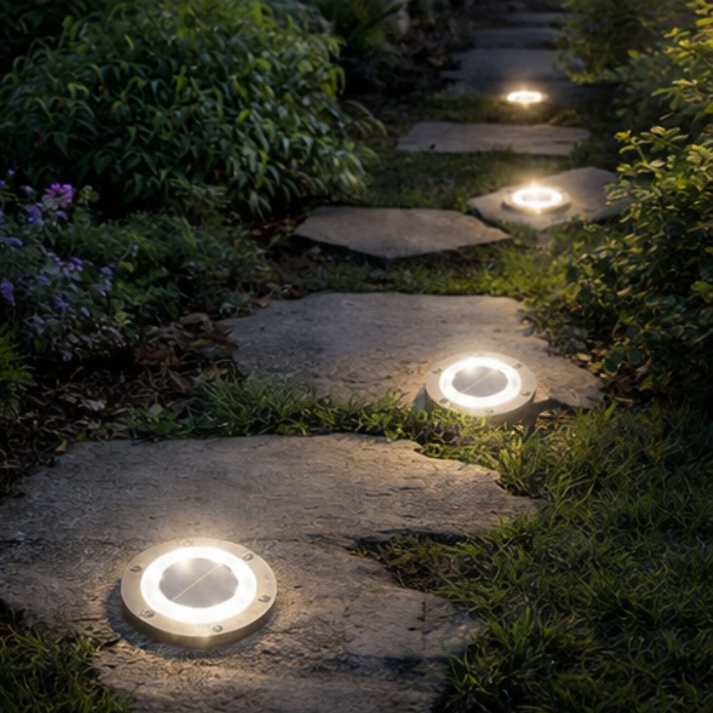 Solar Path & Deck Lights 4 Pack – Round Waterproof Outdoor Decking Lights with Bright White LED