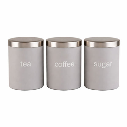 Set of 3 Modern Grey Tea, Coffee & Sugar Canisters – Airtight Storage Jars