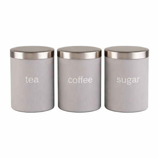 Set of 3 Modern Grey Tea, Coffee & Sugar Canisters – Airtight Storage Jars
