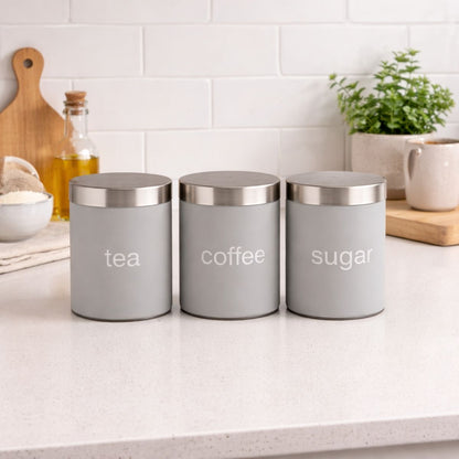 Set of 3 Modern Grey Tea, Coffee & Sugar Canisters – Airtight Storage Jars