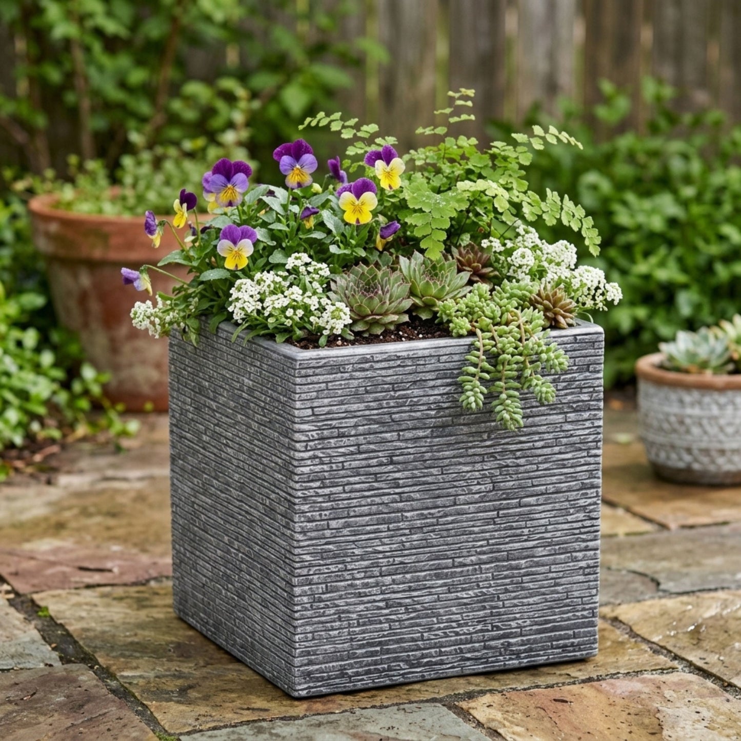 Large Grey Slate Effect Square Planter - 38cm