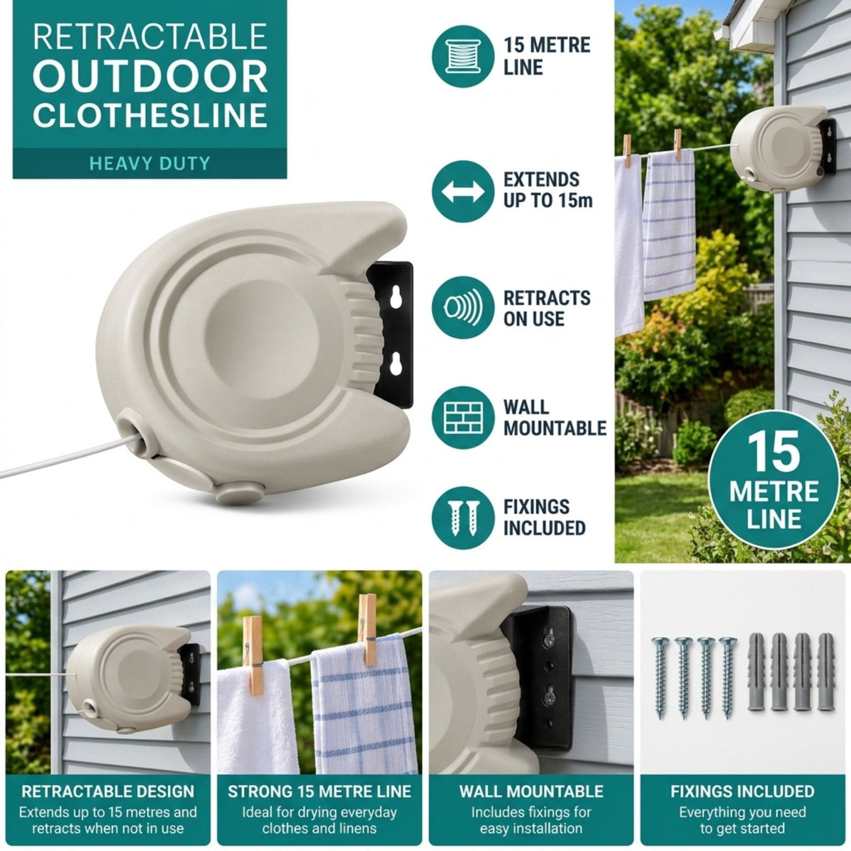 AAMEN 15m Retractable Wall Mounted Washing Line