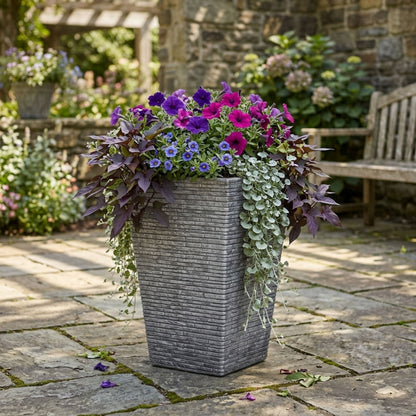 Tall Stone Effect Square Planter for Garden & Patio