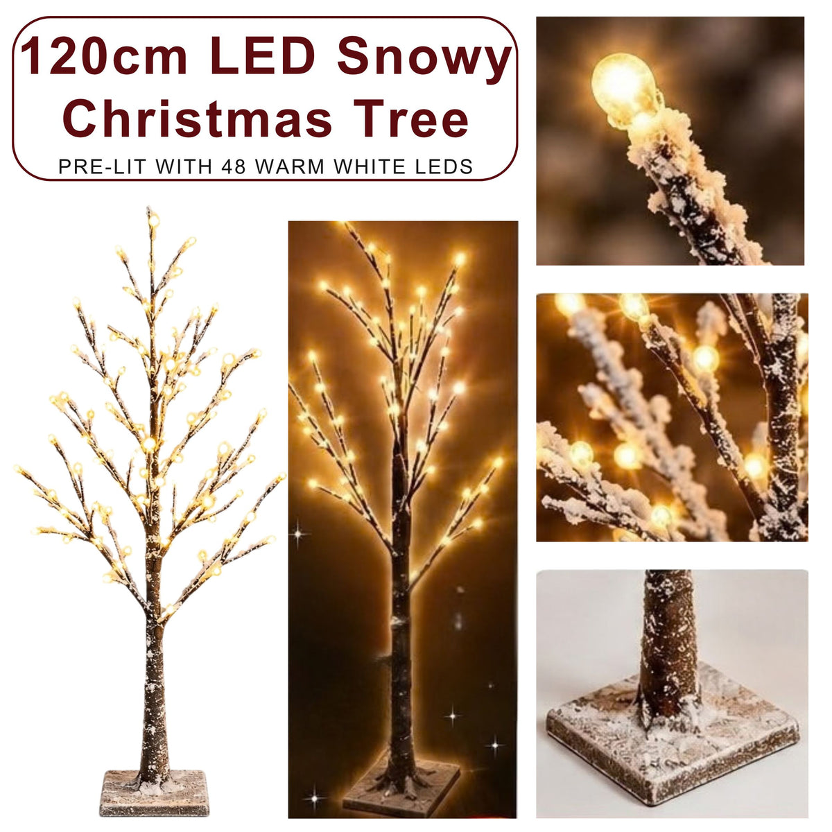 AAMEN Snowy LED Twig Tree with 48 Warm White Lights - 120cm
