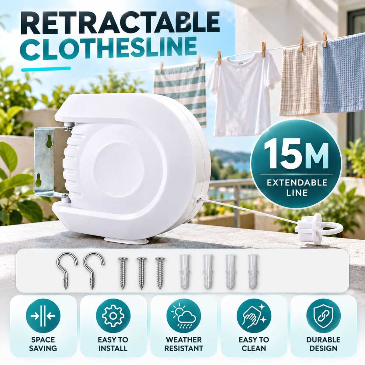 AAMEN 15 Metre Space Saving Laundry Drying Line