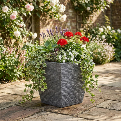 32cm Grey Slate Effect Square Planter for Patio & Garden