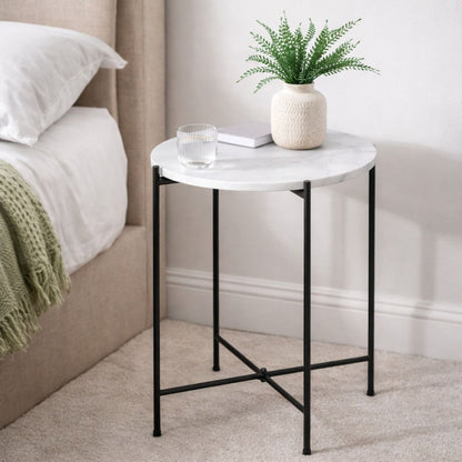 Round End Table, Small Side Tables White Marble Top, Modern Lightweiht Bedside Small Coffee Table for Living Room Bedroom Small Space, Marble Top Coffee Tables