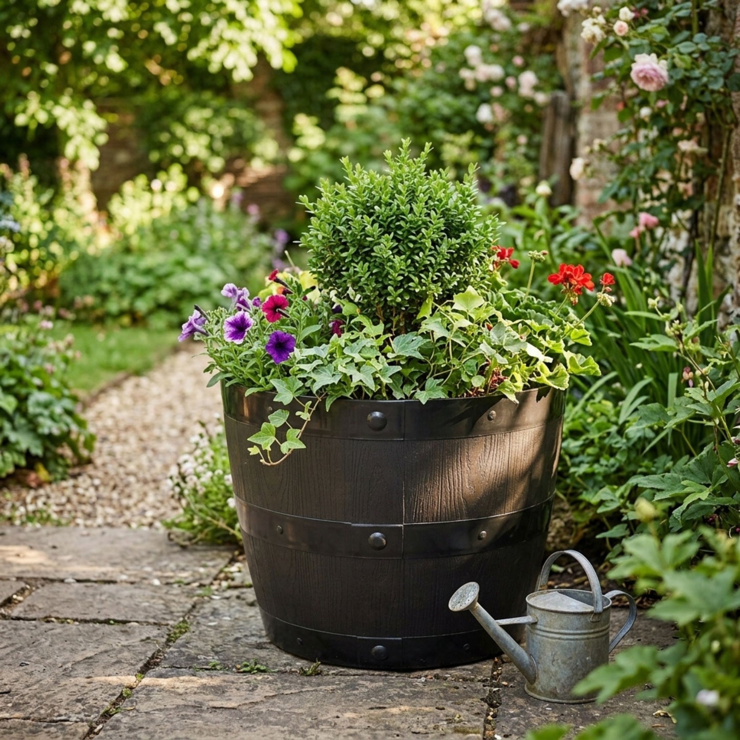 Large Black Barrel Plant Pot Tub | Plastic Outdoor/Indoor Planter