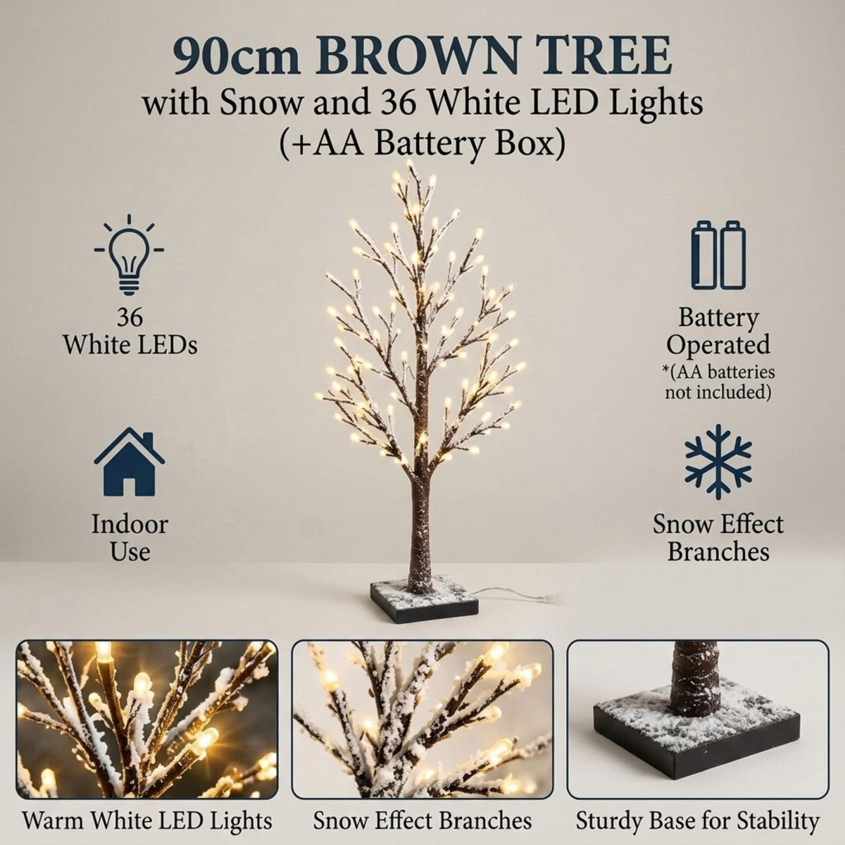 90cm Snowy Brown Twig Tree with 36 White LEDs