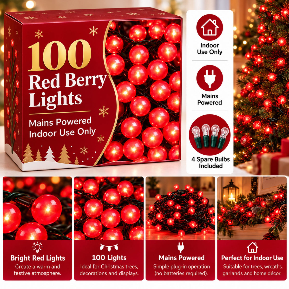 AAMEN 100 Red Berry Christmas Lights with 4 Spare Bulbs