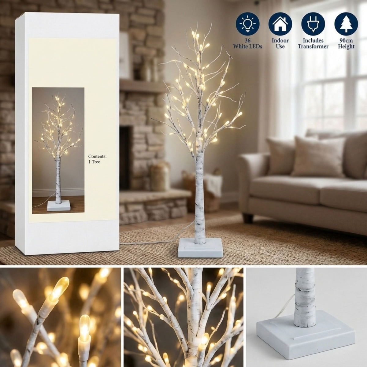 90cm LED White Birch Tree with 36 Lights