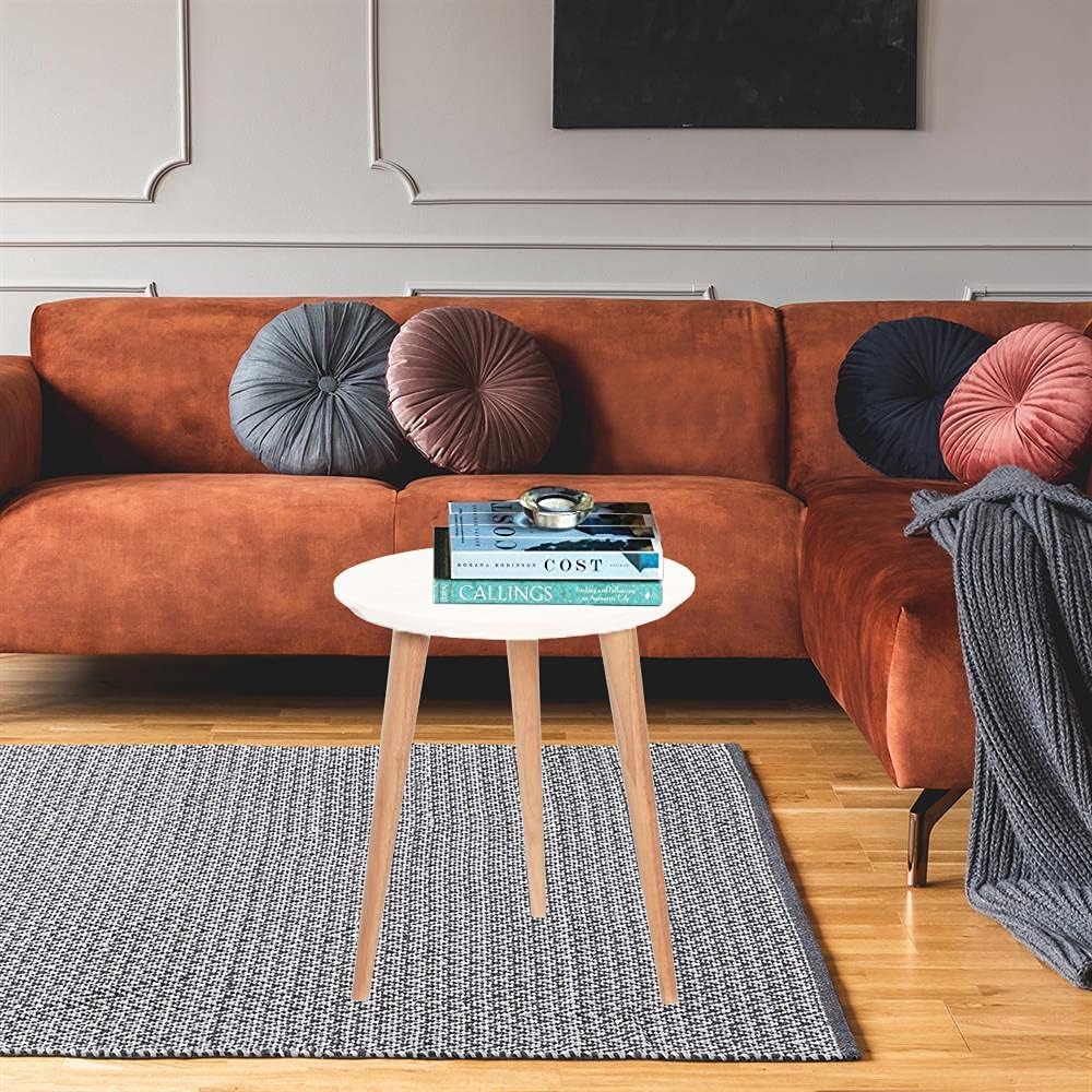 AAMEN Modern Scandinavian Round Coffee Table – 40cm White Top with Bamboo Legs